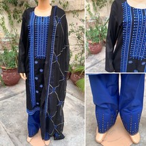 Pakistani Black &amp; Blue Straight Shirt 3-PCS Lawn Suit w/ Threadwork ,Large - £68.69 GBP
