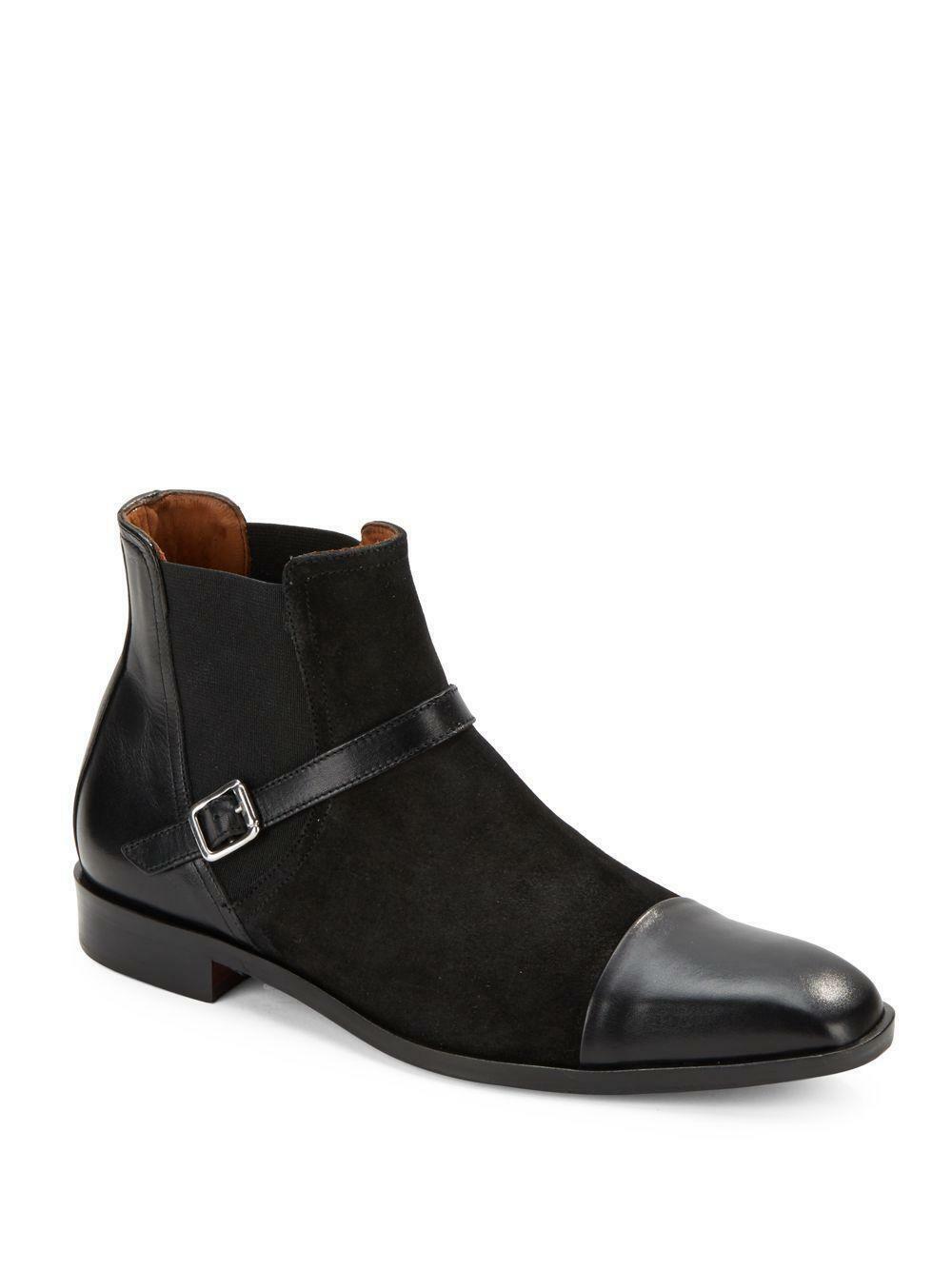 New Black Chelsea Cap Toe Rounded Buckle Strap Suede Leather Ankle Boots US 7-16