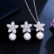 CWWZircons Lovely Cute Flower Cubic Zirconia Dangle Drop  Pendant Necklace and E - £27.30 GBP