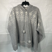 Soft Surroundings Poncho Gray White Snowflakes Pom Poms Hooded One Size - $17.82