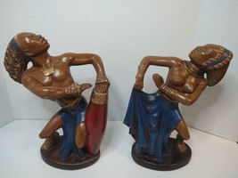 Vintage African Tribal Art Statue playing the Drums, Dancing Red Blue - $158.39