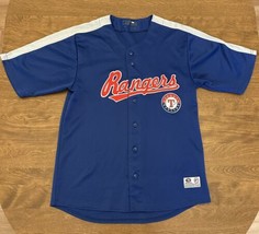 Vintage Texas Rangers True Fan Jersey Mens M Blue Red Baseball MLB Button Up - $28.71