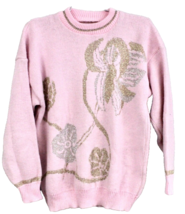 VTG 80s Pink Metallic Floral Sweater Fairy Kei Kawaii Intarsia Acrylic L - $39.55