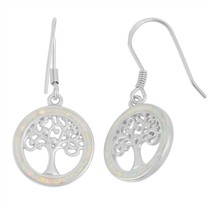 Sterling Silver Round White Inlay Opal with Center Tree of Life Earrings - £52.76 GBP
