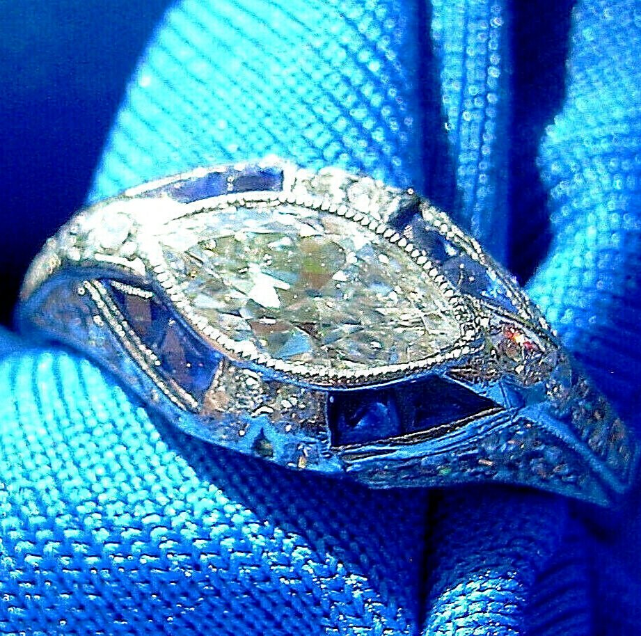 Eart mined Diamond Deco Engagement Ring Marquise Platinum Sapphire Solitaire 6 Item image 2