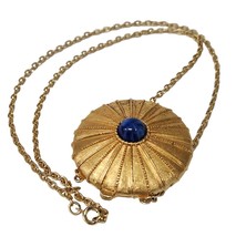 Vintage Estee Launder Solid Perfume Compact Locket Gold Tone Blue Stone Necklace - £35.52 GBP