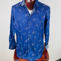 Bugatchi Shaped Fit Snazzy Shark Print Blue Flip Collar Cuff Shirt Mens XL - £24.51 GBP