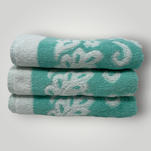 Vintage Fieldcrest Towel Set Teal Green White Sculpted 3 Piece Floral Bath - £34.72 GBP