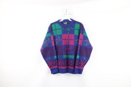 Vtg 90s Streetwear Womens Large Rainbow Paisley Checkered Knit Crewneck Sweater - £34.95 GBP