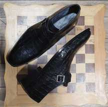 Handmade Men&#39;s Bespoke Embossed Alligator Leather Black Monk Strap Dress Shoes - £143.84 GBP+