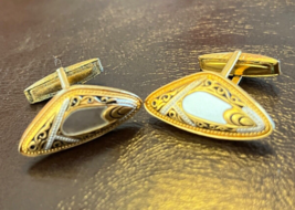 Vintage Damascene Cufflinks Cuff Links Marked Spain gold tone Antique - $17.99