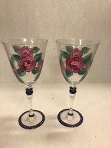 Hand painted pair wine glasses BIA 00 8 inch flowers rose pedestal water - $44.54