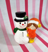Groovy 1970&#39;s MoD Ceramic Snowman and Little Girl Figurine Shelf Sitter ... - $8.00