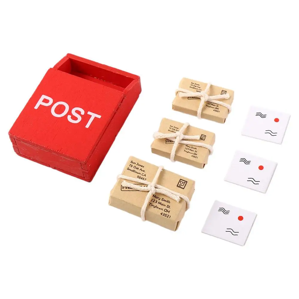 1Set Dollhouse Miniature Letter Box Red POST Mailbox With Mail Sack Postcard - £7.20 GBP