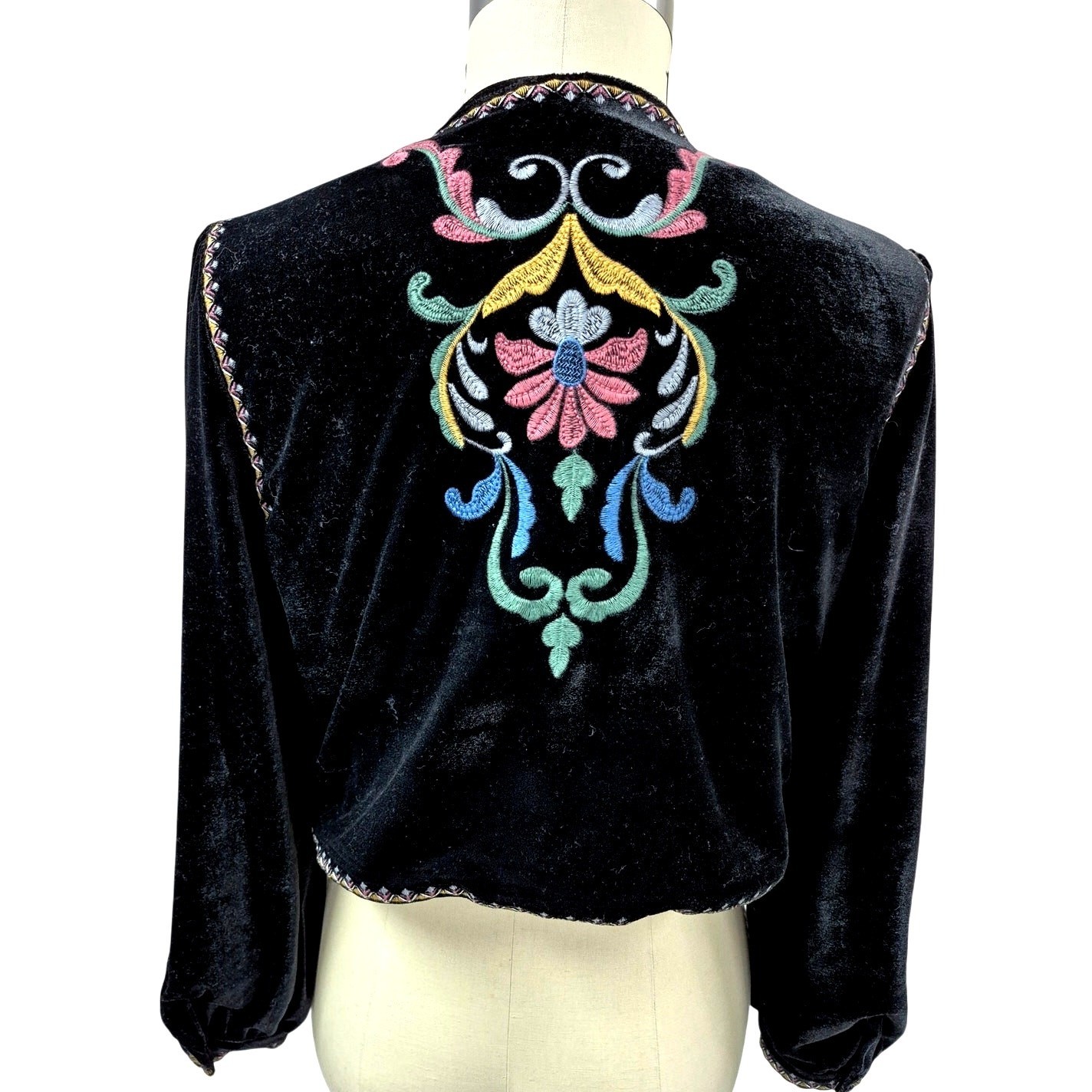 80s Velvet Festival Jacket Embroidered Floral Bolero | Balloon Sleeves Black L Item image 2