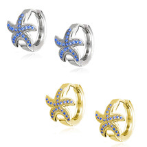 Nautical Starfish Huggie Hoop Earrings Micro Sapphire 14k Yellow Or Whit... - $40.09+