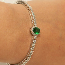 Ladies 2CT Simulated Emerald &amp; Diamond Halo Tennis Bracelet in 14K Gold Over 7&quot; - £107.66 GBP