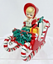 Vintage Ceramic Lefton Christmas Shopper Girl in Candy Cane Sleigh 1956 ... - $84.15