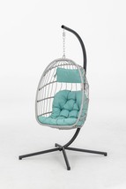 Outdoor Patio Wicker Hanging Chair Swing Chair - Blue + Grey - $195.76