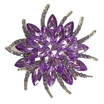 Purple Rhinestones Flower Large Crystal Floral Brooch Silver Tone 2.5in - £7.95 GBP