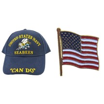 United States Navy Seabees Hat Blue &amp; USA American Flag Lapel Pin - £11.76 GBP
