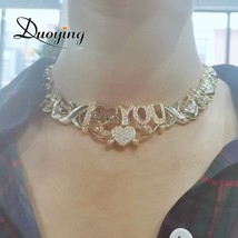 Heart Charm Letter Choker Zircon Pave Necklaces I Love You Crystal XOXO Necklace - £104.01 GBP