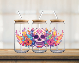 Sugar Skull &amp; Flames | UV DTF 16oz Glass Can - $75.62 MXN