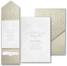 Gold Shimmer Pocket Wedding Invitations Embossed Traditional Scroll Design - £557.73 GBP