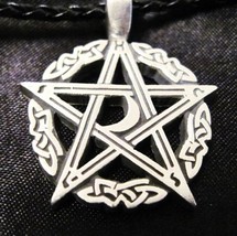Wicca Pentacle Star W Moon Crescent &amp; Scroll Details Pewter Pendant Necklace - £8.01 GBP