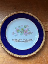 Vintage North Dakota Centennial Pink White Rose Flowers w Cobalt Blue &amp; Gilt Rim - £11.77 GBP