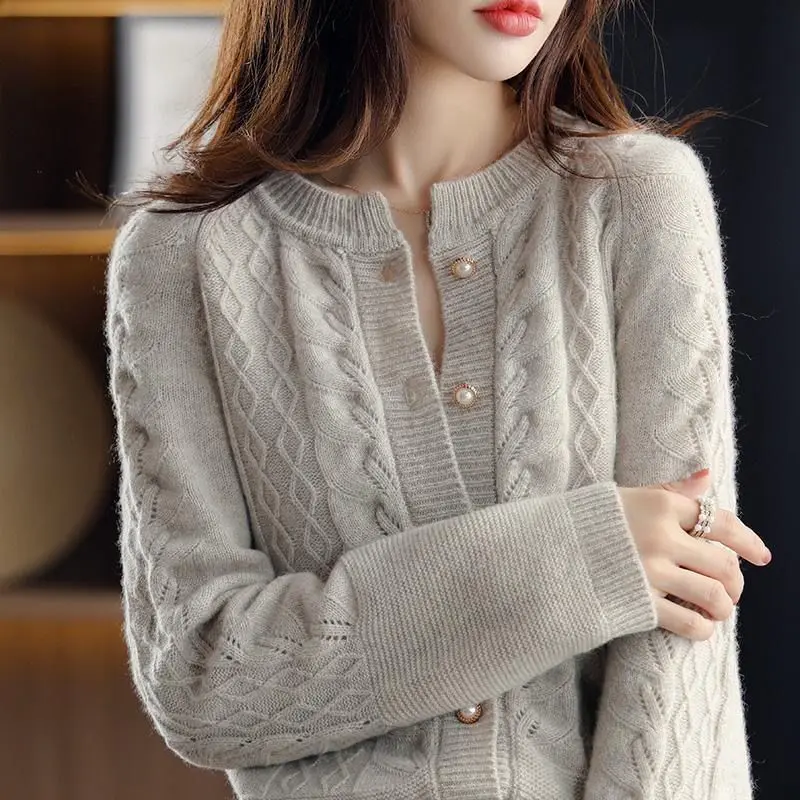 Solid Korean  Buckle Thick O-Neck Women&#39;s Clothing Screw Thread s Single... - £100.75 GBP