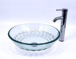 Glass Sink Round Vessel Bathroom Sink Set  Faucet Pop up Squares Pattern - £110.26 GBP