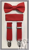 Red NEW Boy&#39;s Clip Suspender Bow tie &amp; Pocket Square Handkerchief 3 piec... - £14.62 GBP