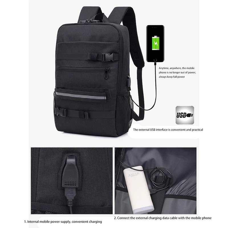 Sporting Skateboard Backpack Anti-Theft PAword Lock USB Charging Shoulder Bag fo - £44.76 GBP