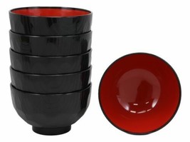 Japanese Black Red Lacquer Copolymer Plastic Rice Bowl Beehive Pattern Set Of 6 - £22.79 GBP