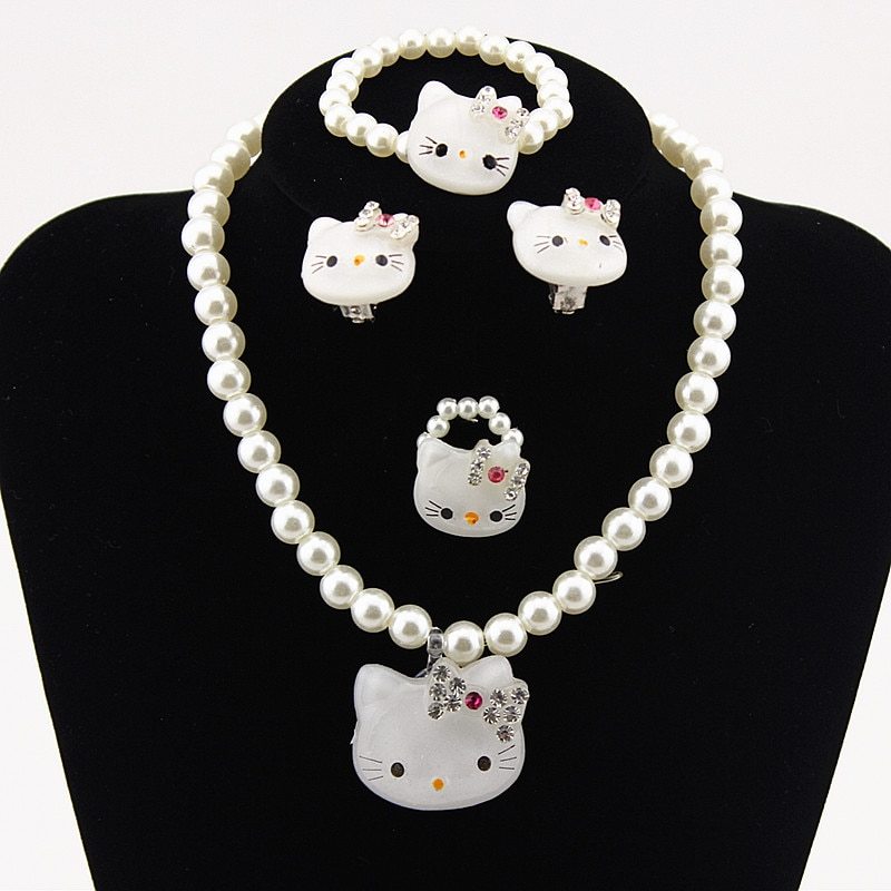Kids Baby Girls Princess necklaces Crystal KT Cat Necklace Imitation Pearl Beads - £9.49 GBP