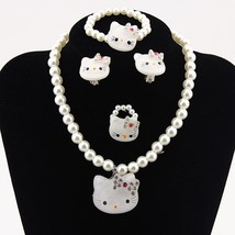 Ncess necklaces crystal kt cat necklace imitation pearl beads jewelry ring set children thumb200