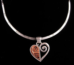 Sterling heart Necklace - Hippie copper gold pendant - bib choker - artisan hand - £114.67 GBP