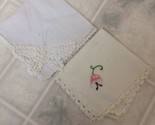 Two Vintage Hankies Cream Lace edged Embroidered flower &amp;  White Butterf... - $12.92