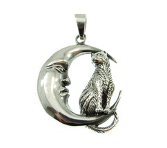 Handcrafted Solid 925 Sterling Silver Cat Familiar on Crescent Moon Pendant - £33.69 GBP