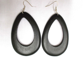 Elemental Black Wood Dangling Droplet Tear Drop Shape Hoop Style Earrings - £6.72 GBP