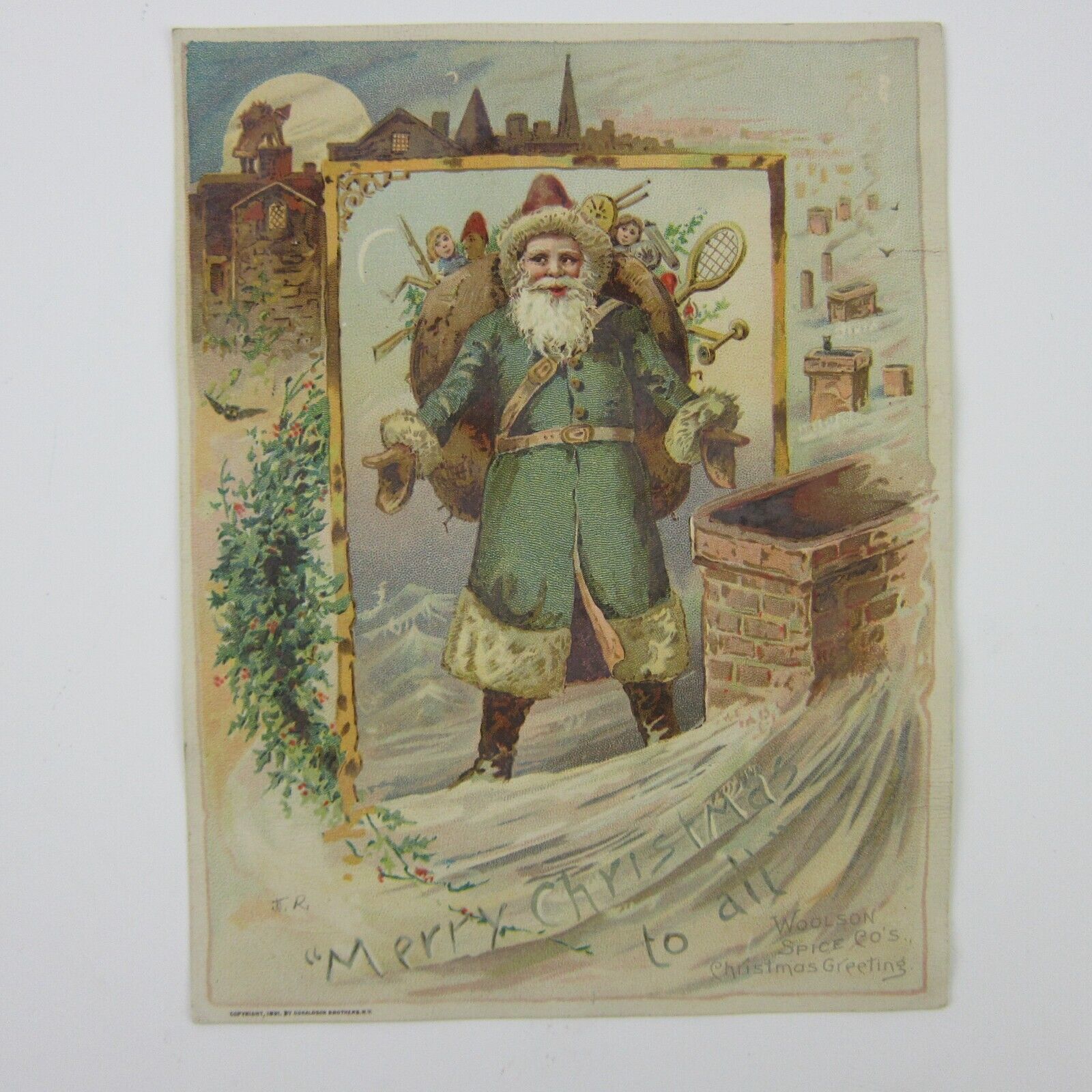 Primary image for Victorian Trade Card Lion Coffee Woolson Spice Christmas Santa Chimney Night