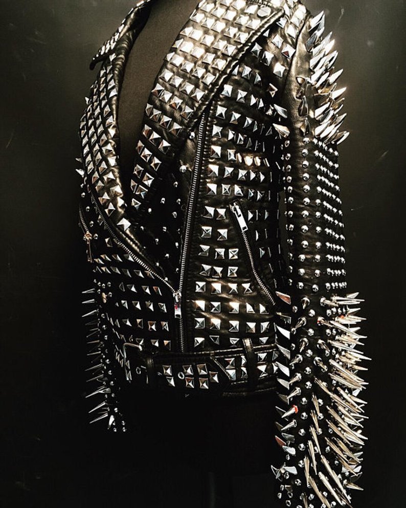Made to order Hell Raiser leather Full metal studded spiked black biker Punk jac