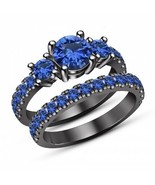 2.20 CT Round Cut Blue Sapphire Bridal Set Engagement Ring 10k Black Gol... - $131.99 CAD