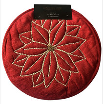 Rachel Zoe Christmas 15&quot; Round Placemats Poinsettia Red Gold Embroidered - $44.07