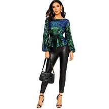 Women Long Sleeve Sequin Sparkle Glitter Pullover Tops with removable belts_ - £27.97 GBP