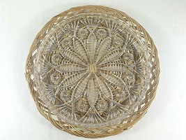 Vintage Heavy Ornate Glass Round Platter 11 1/2&quot; W/ Wicker Tray !! - £19.46 GBP