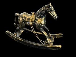 Vintage Rocking Horse Ornament 4&quot; Black Gold Plastic Christmas Decor - £6.95 GBP