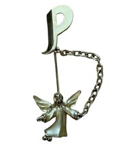 Vintage Angel Cherub Stick Pin Brooch Initial P Gold Tone with chain 2.5&#39;&#39; - £9.67 GBP