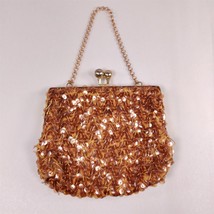 ✅ Vintage Gold Sequin Evening Clutch Purse Bag Copper Brass Chain Handle ~ - £15.52 GBP